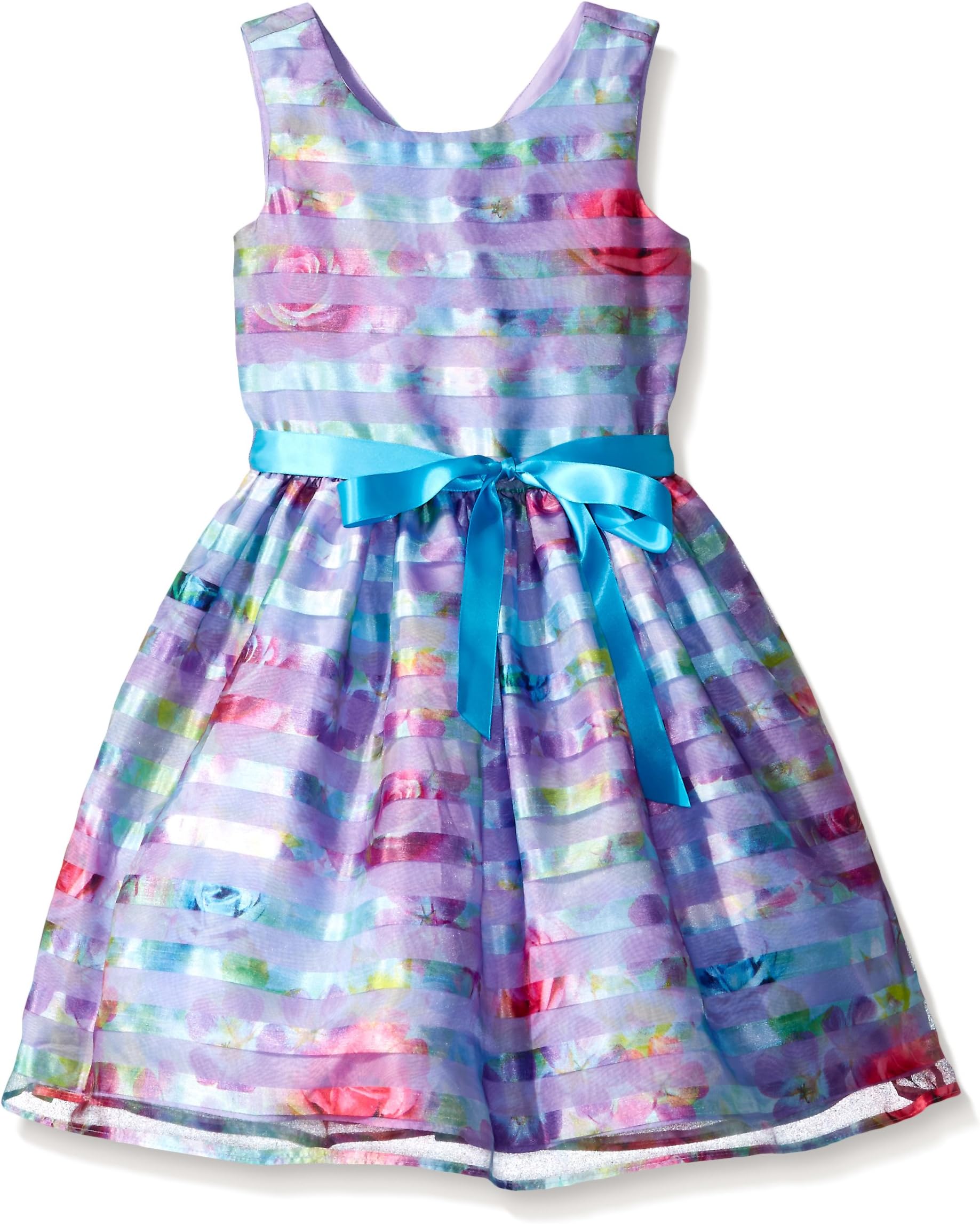 Lavender Girls' Printed Striped Organza Dress Sleeveless with Tie Belt and Full Skirt