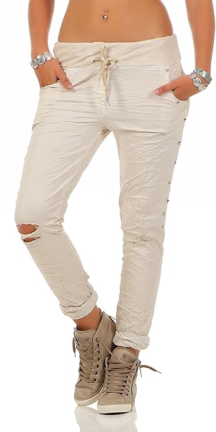 Mississhop Damen Hose leichte Freizeithose Stoffhose mit Löcher und seitlichen Metallknöpfe Tunnelzug One Size S M 36 38
