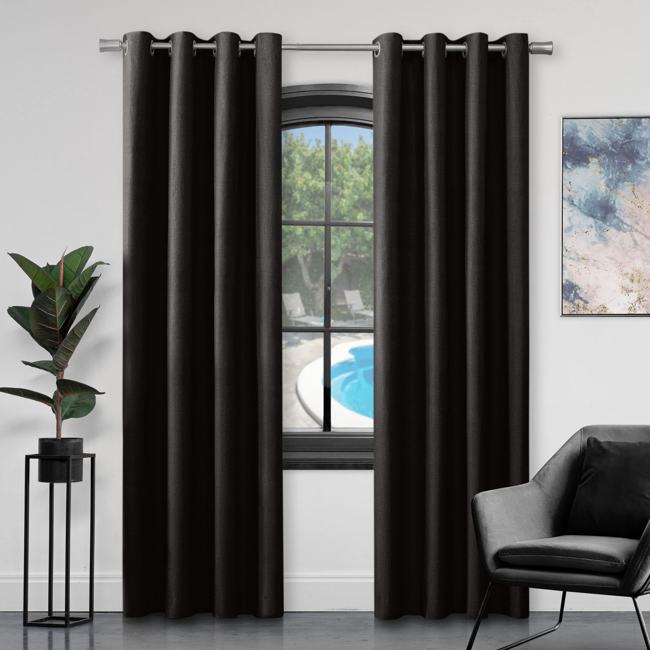 GC GAVENO CAVAILIA Faux Silk Eyelet Curtains For Living Room, 100% Polyester Ring Top Fully Lined Drapes, Black, 90x90 Inch (654575)