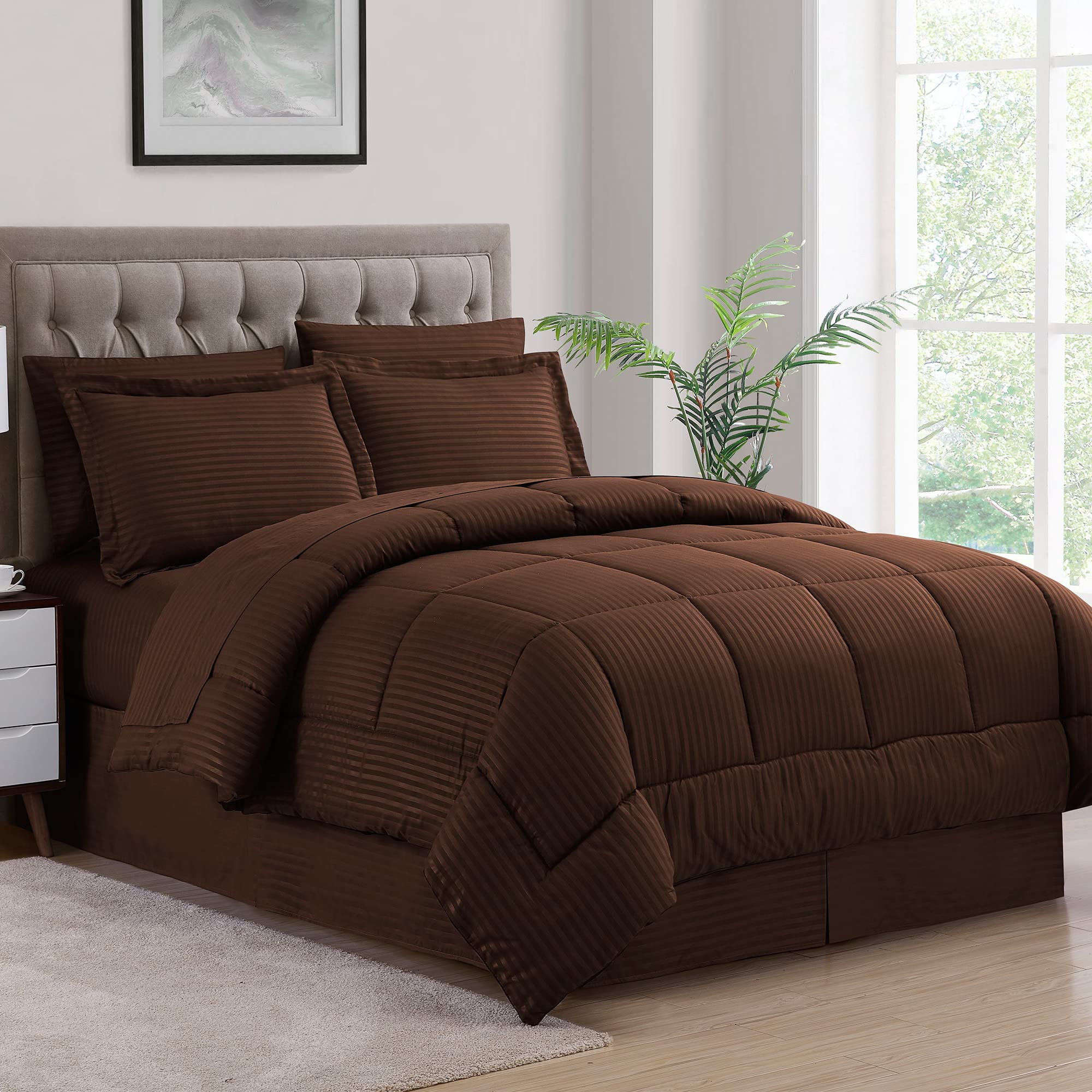 Sweet Home Collection 8 Piece Comforter Set Bag with Dobby Stripe Design, Bed Fitted, 1 Flat Sheet, 2 Pillowcases, 2 Shams, King Chocolate, (Pack of 3)
