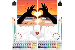 QUANWAISJ 2 Sets 10x12 Sip and Paint Kit for Adults,Couples Painting Kit Date Night,with Pre-Drawn Canvas (Easels Included), Perfect for Date Night Painting and Sip Parties (Sunset Heart)