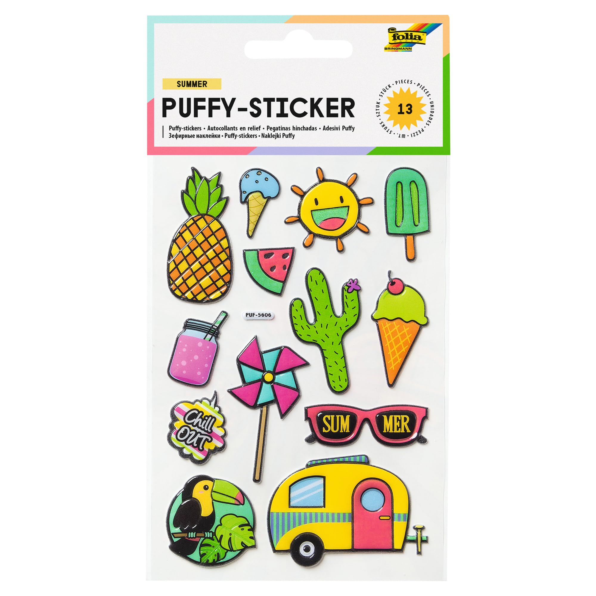 folia Puffy-Sticker III-Pack of 13-Ideal for Embellishing Cards, Crafts and Scrapbooking, Colourful, One Size