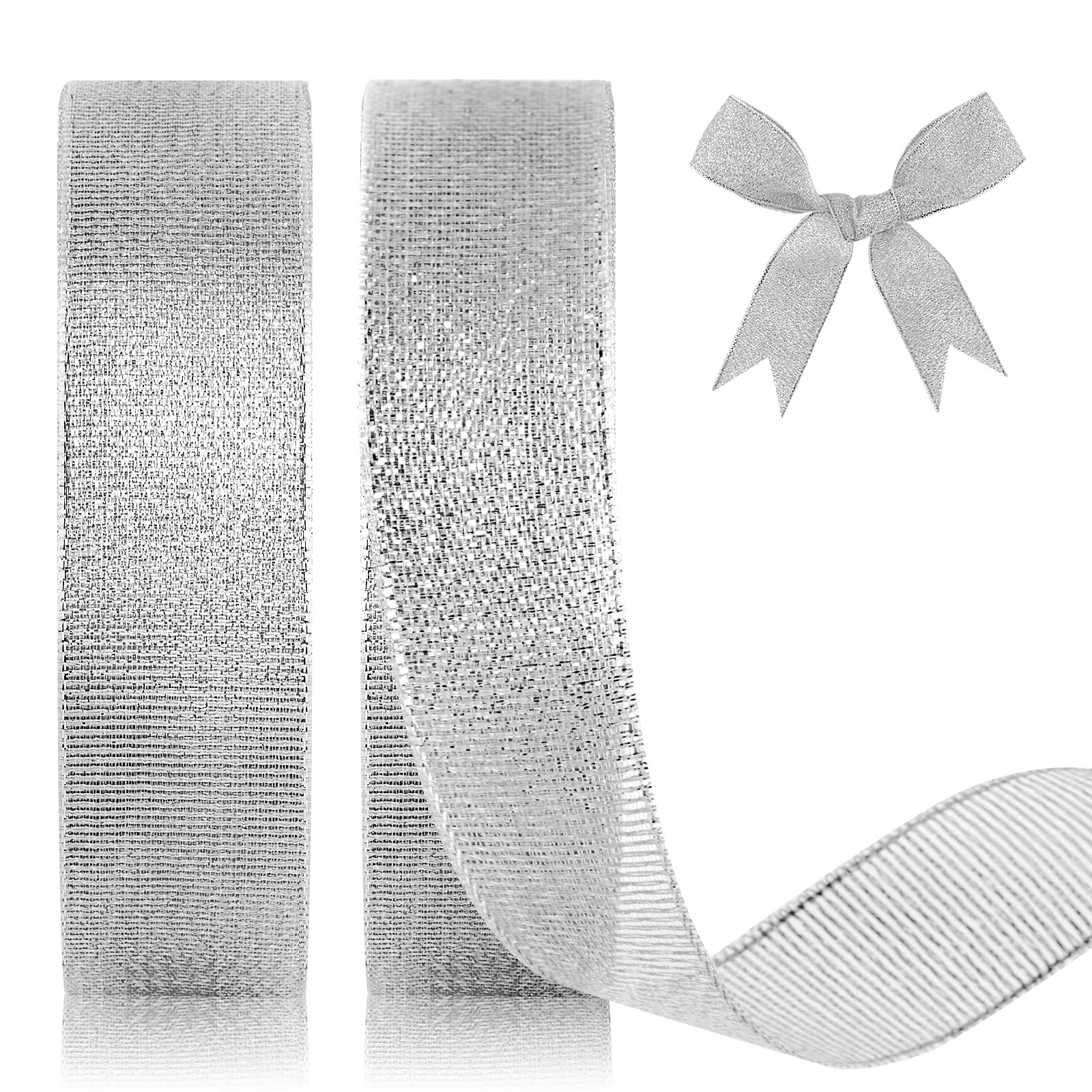 GXFCING Silver Organza Ribbon 20mm, 44m Glitter Gold Christmas Ribbon for Gift Wrapping, Crafts, DIY Sewing, Cakes, Weddings, Christmas, Easter, Party Decorations, 22m/roll