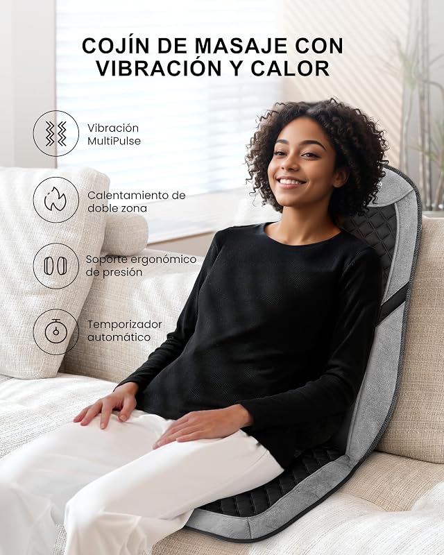 Masajeador Cervical y Espalda con Calor, Funda de Asiento de Masaje con 5 Modos de Vibración, 3 Intensidades, 3 Temporizadores para Aliviar el Dolor de Espalda, Regalos para Mujeres