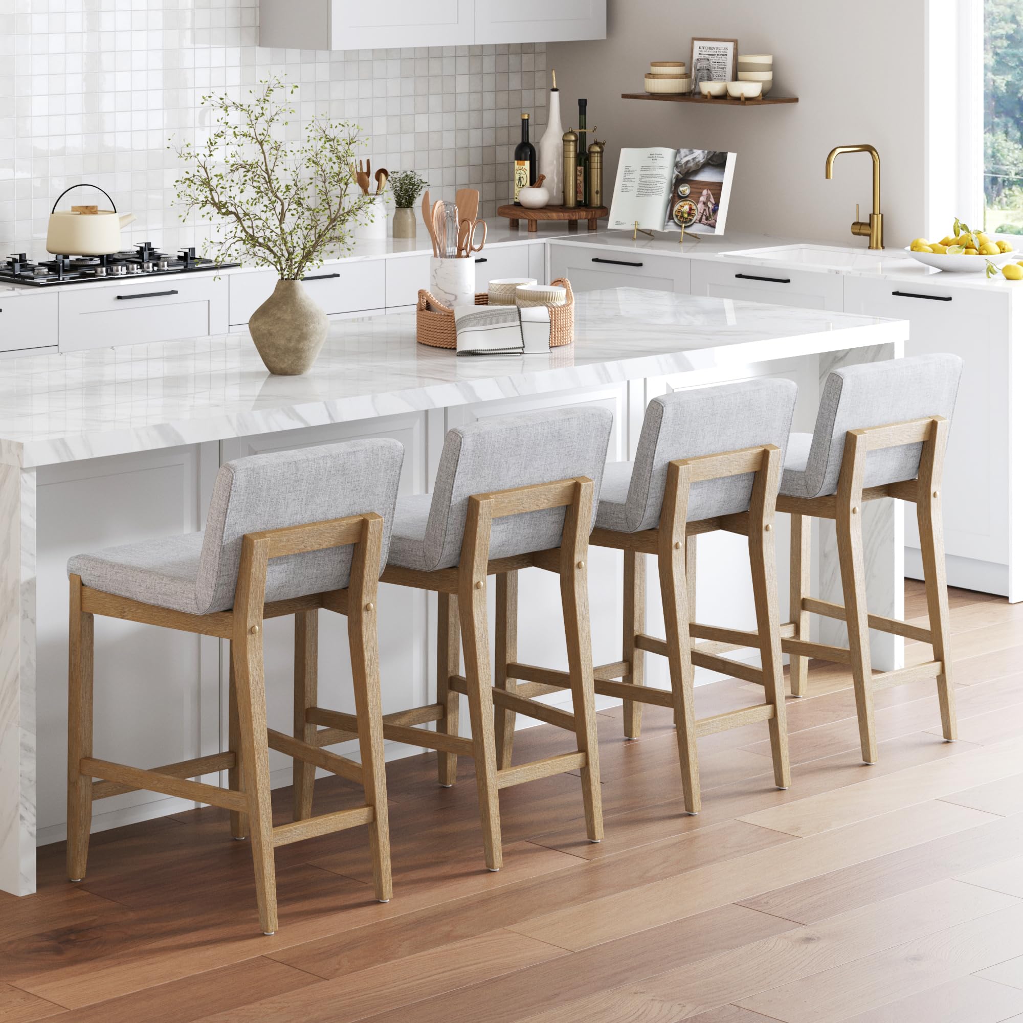 Nathan James Gracie Modern Bar Stool Counter Height Barstool with Back, Upholstered Kitchen Island Stool with Solid Wood Legs, Gray/Light Brown Set of 4