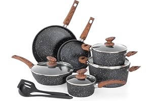 MAISON ARTS Kitchen Cookware Sets Nonstick, 12 Piece Pots and Pans Set Granite Cooking Set for Induction & Dishwasher Safe, Oven, Stovetop, Black