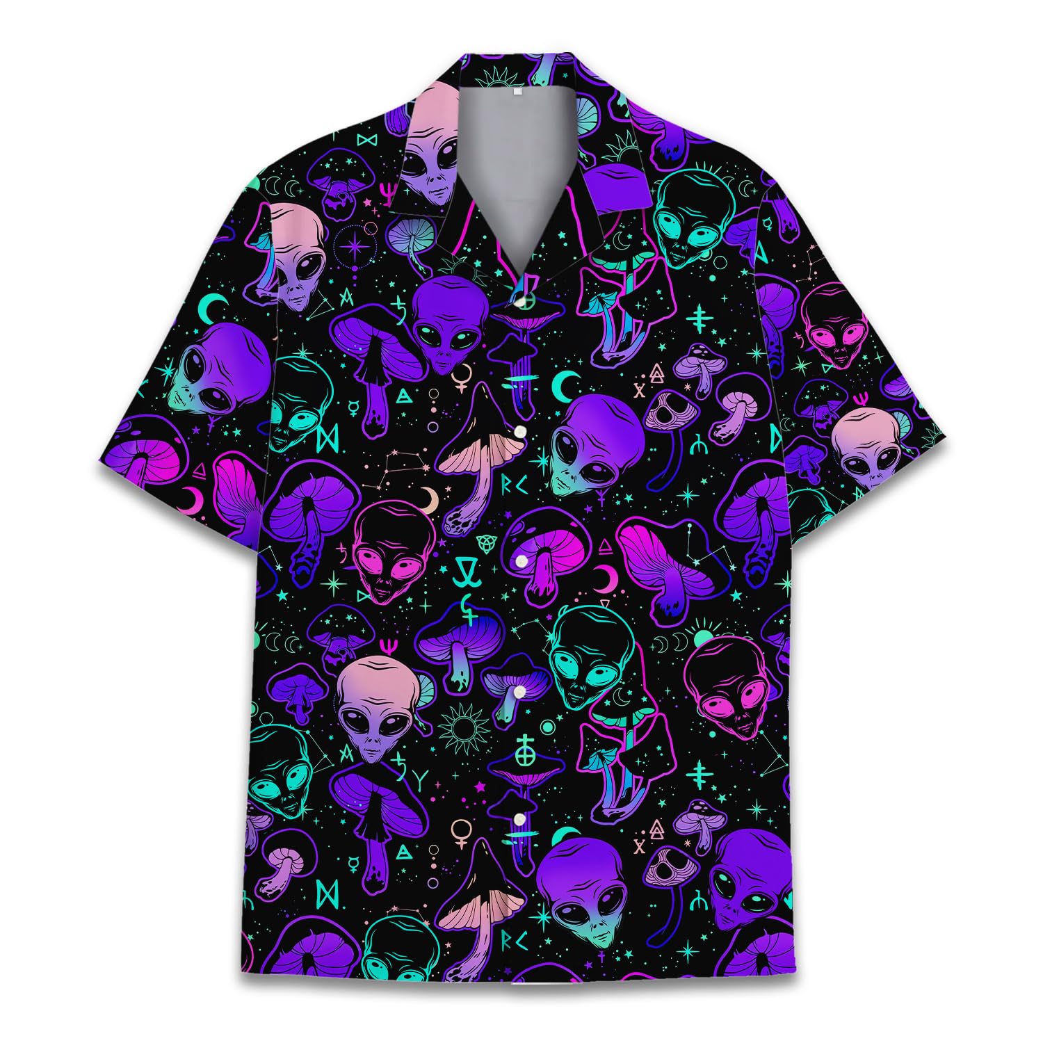 Photo 1 of HIHI GLOBAL Neon Mushroom and Alien Hawaiian Shirt for Men Women, Mushroom Hawaiian Shirt, Alien Shirt for Men Button Down