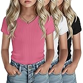 Oakgarden 3 Pack Girls Short Sleeve Shirts V Neck Ribbed Fitted Knit Tops Stretchy Casual Basic Solid Kids Tee 5-14y