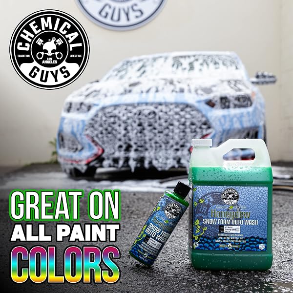 CHEMICAL GUYS CWS_110_16 HONEYDEW SNOW FOAM CAR WASH SOAP (WORKS WITH FOAM CANNONS, FOAM GUNS OR BUCKET WASHES) SAFE FOR CARS, TRUCKS, MOTORCYCLES, RVS & MORE, 16 FL OZ, HONEYDEW SCENT