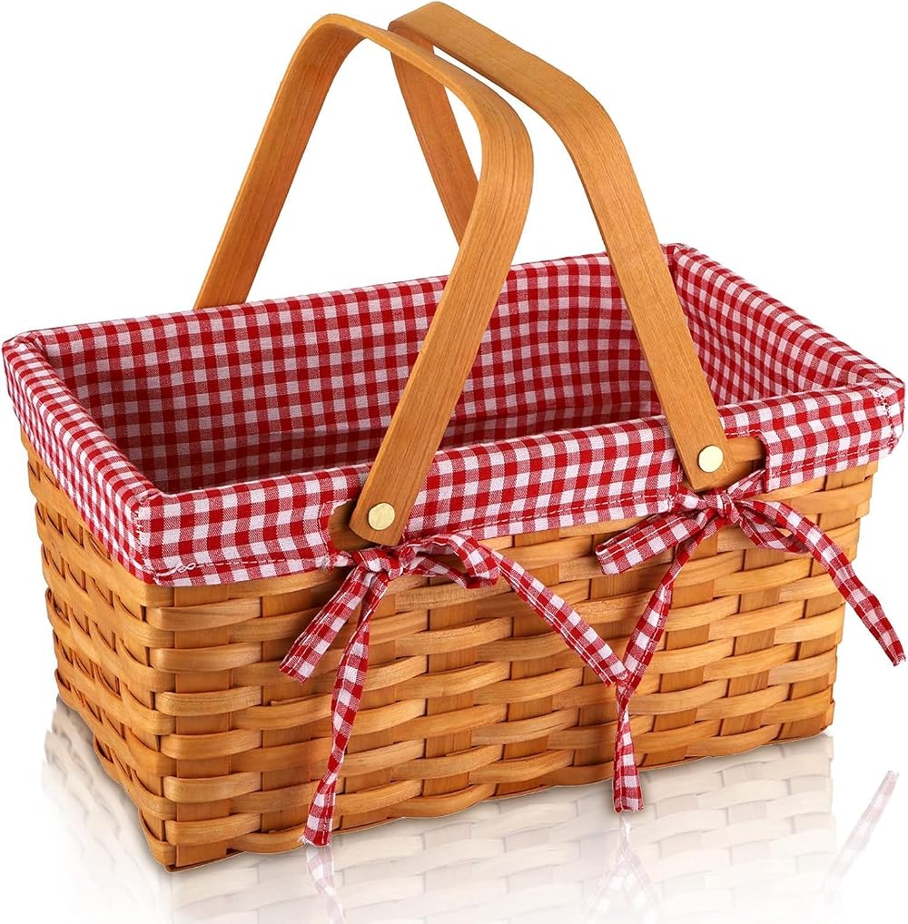 Bekith Picnic Basket Natural Split Woven Hamper with Pink Liner, Handles