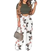 Womens 2 Piece Lounge Sets Casual Comfy Tracksuits Outfits Crop Tops Round Neck Wide Leg Pants Short Sleeve Jumpsuits
