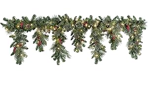 Haute Decor 6 Foot Christmas Pre-lit Holiday Swag for Fireplace Mantels with 100 Energy-Efficient Soft White LED Lights, Faux Berries, Real Pinecones and Built-in Timer