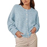 HOWALOOK Women's Round Neck Button Down Long Sleeve Blouse Cardigan Loose Fit Knit Top Crewneck Sweater