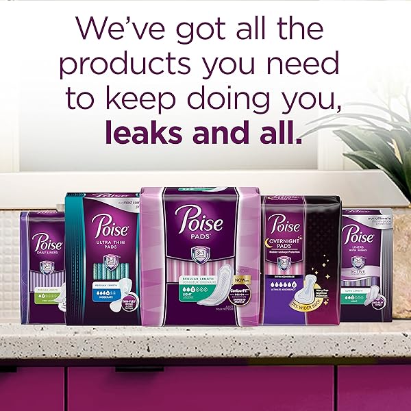 POISE INCONTINENCE & POSTPARTUM PADS FOR BLADDER LEAKS, 5 DROP MAXIMUM ABSORBENCY, REGULAR LENGTH, 48 COUNT, PACKAGING MAY VARY