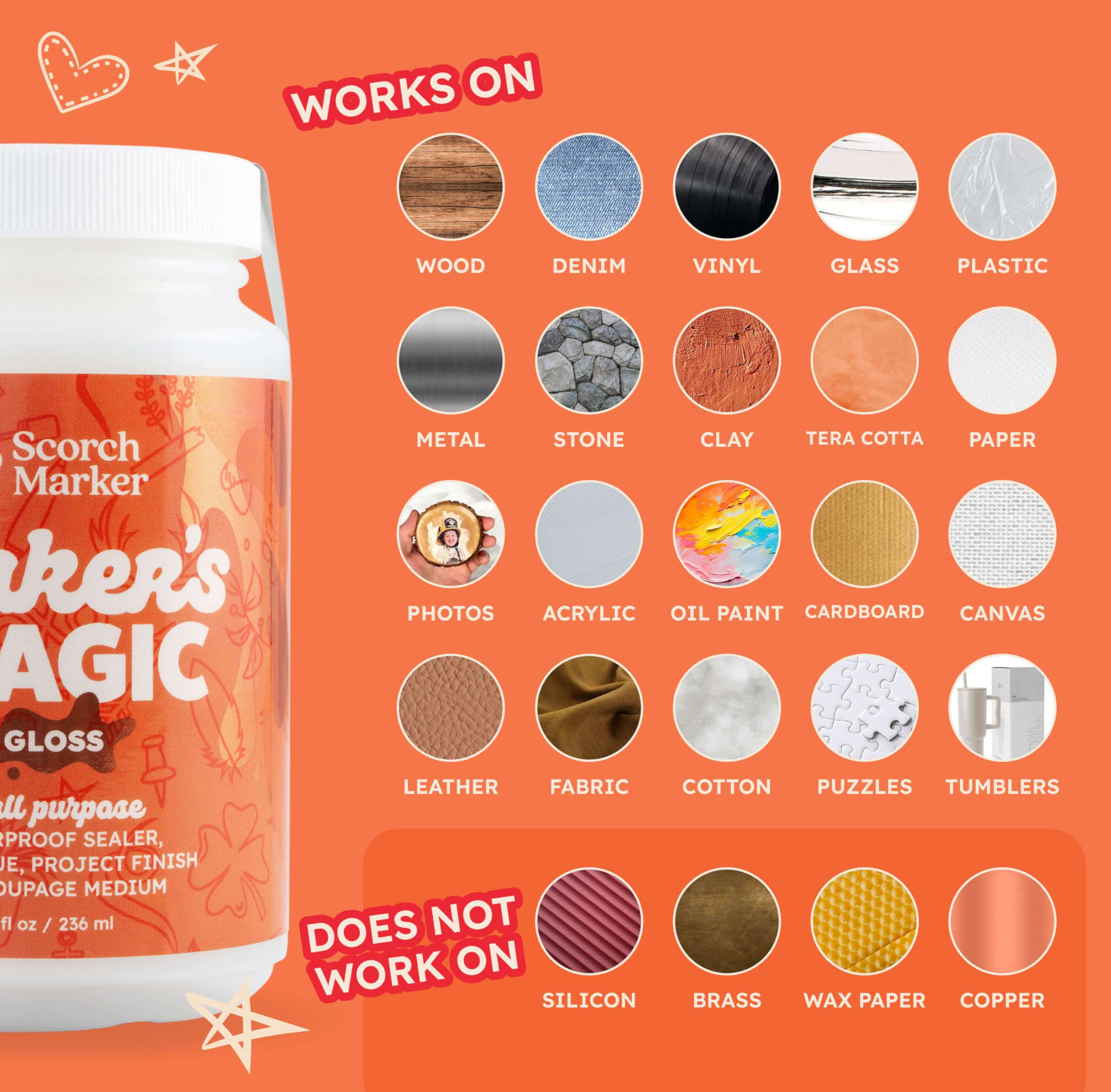 SCORCH MARKER - Maker’s Magic Sealer - Gloss Finish 8oz, All Purpose Glue, Waterbase & Waterproof Sealer for Crafts, Clear Glue for Glitter, Adhesive for Crafts, Decoupage, Wood, Fabric & More, 1 Pack