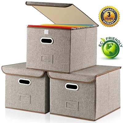 Buy Large Storage File Box with Lid [3-Pack] Collapsible Linen Fabric ...