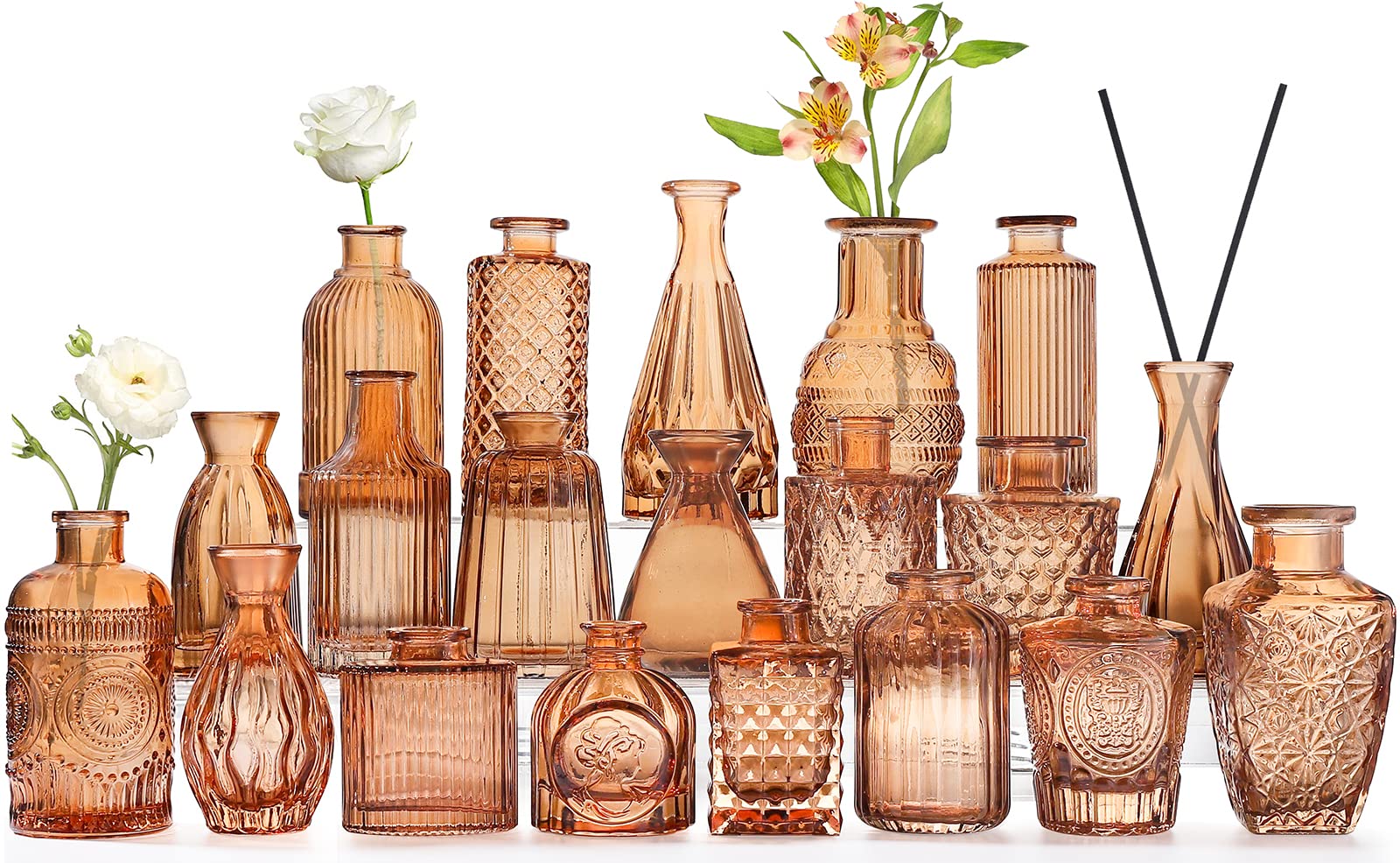 Photo 1 of Amber Glass  Vases -Set of 20 for Flowers, Small Amber Bud Vases in Bulk for Centerpieces Decor, Mini Glass Set for Home Table Decorations