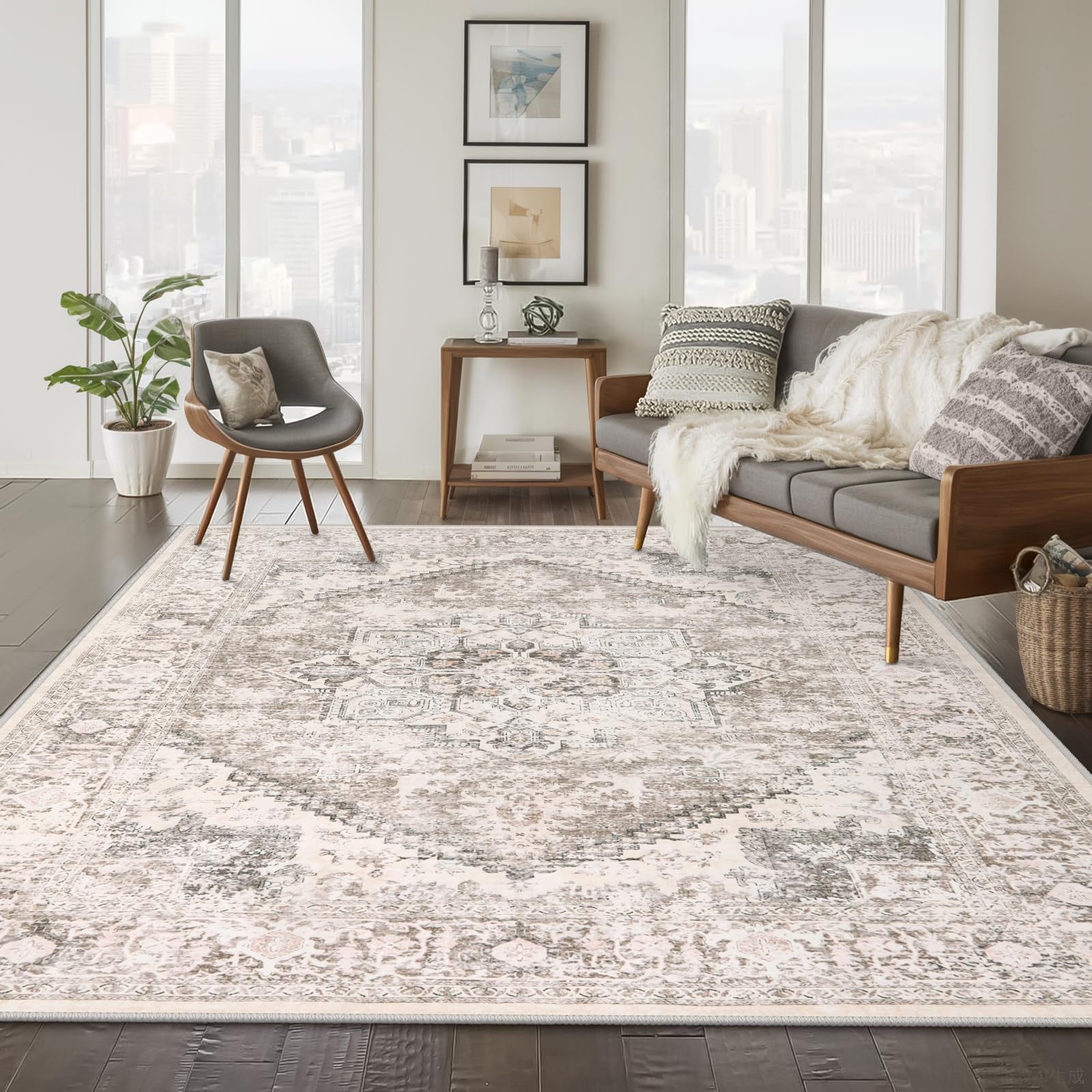 LIVEBOX 8X10 Area Rugs for Living Room, Washable Beige Neutral Boho Rugs Large Soft Non-Slip Rug, Low-Pile Vintage Medallion Rug, Retro Faux Wool Indoor Carpet for Dining Room Bedroom Office Image