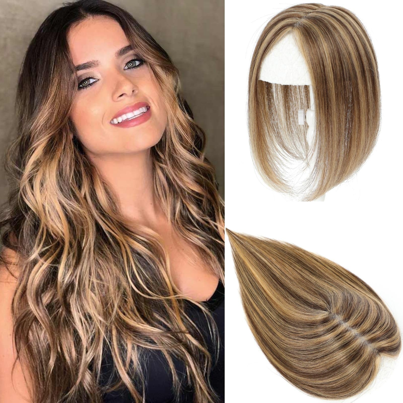 GULALUUK Hair Toppers for Thinning Crown and Slight Loss - Women's Clip-in Topper No Bangs, Medium Brown With Warm Highlights (10inch, P4/27) — image 1