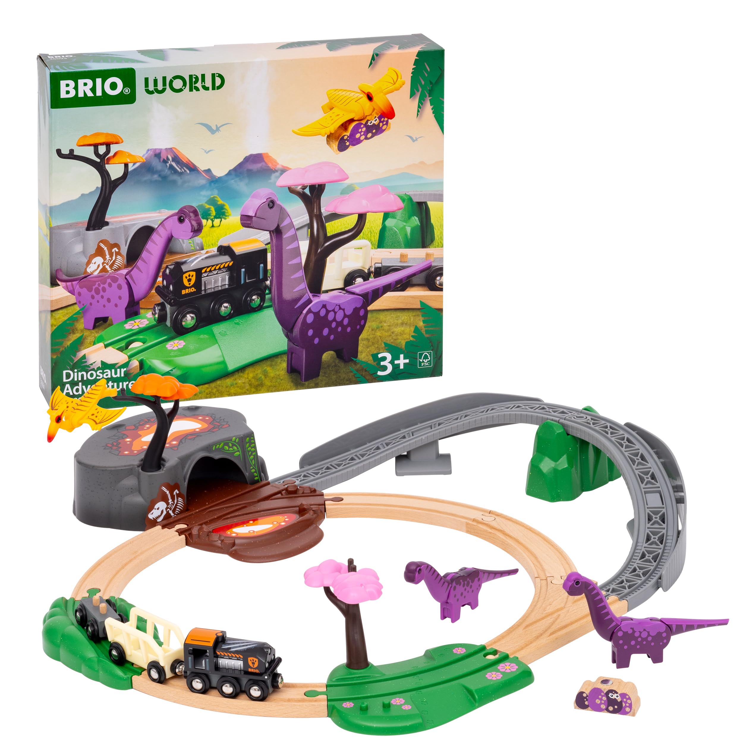 BRIO World Dinosaur Adventure Train Set for Kids Age 3 Years Up, Wooden Railway Accessories and Add Ons