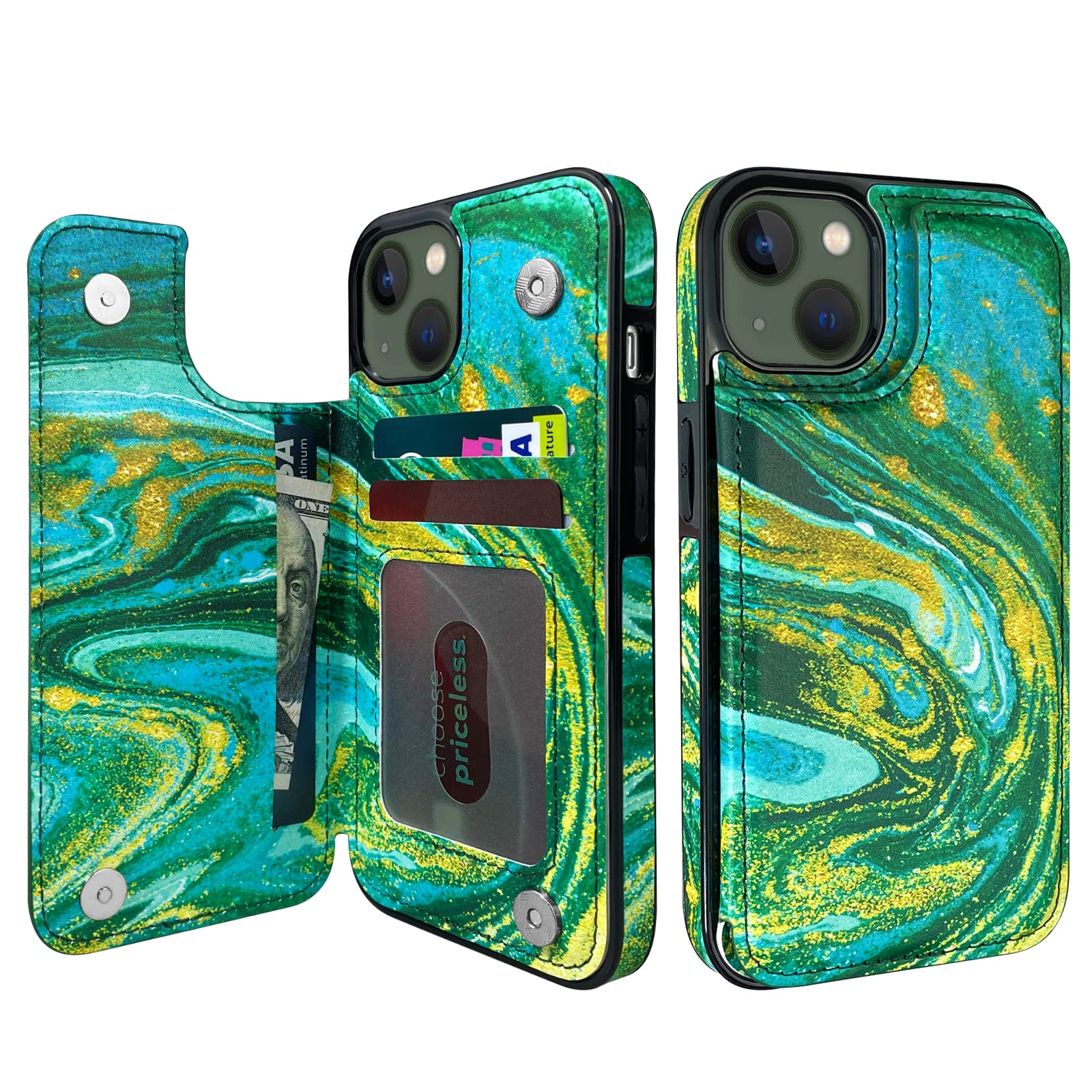 TopPerfekt Flip Leather Wallet Case Card Holder Compatible with iPhone 13 6.1" Women and Girls with Card Holder Kickstand Double Magnetic Clasp Green Gold Marble Pattern