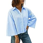 Cicy Bell Womens 3/4 Bell Sleeve Button Down Shirts V Neck Trendy Casual Blouses Loose Fit Work Cotton Tops