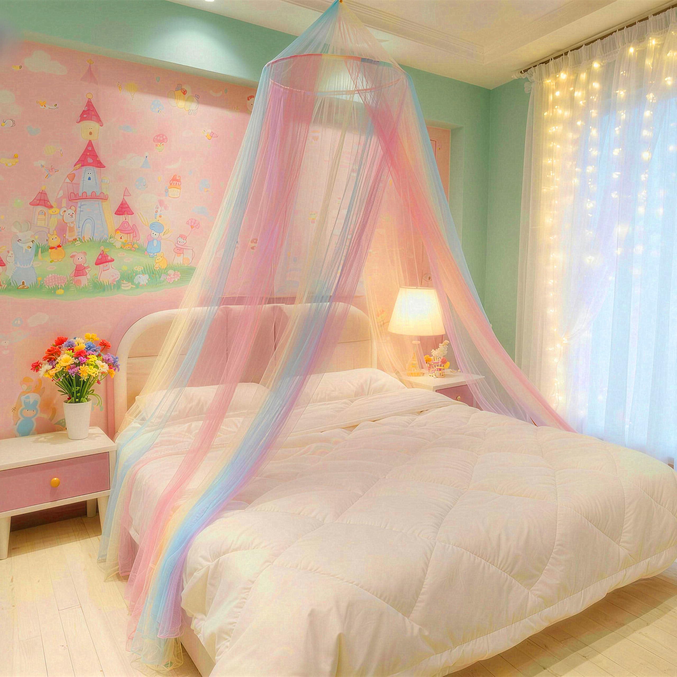 Eimilaly Rainbow Bed Canopy for Girls Mosquito Net, Easy Installation Princess Canopy for Kids Bed Room Decor