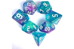 QIAN SIMAI Galaxy Swirl Polyhedral Dice Set, 7-Piece, Turquoise and Purple Glitter, for DND and Tabletop Games