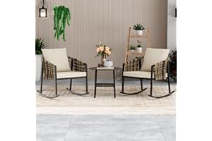DECMICO 3-Piece Outdoor Wicker Patio Conversation Set, Rocking Bistro Chairs with Round Coffee Table for Small Space Balcony Backyard Garden, Beige