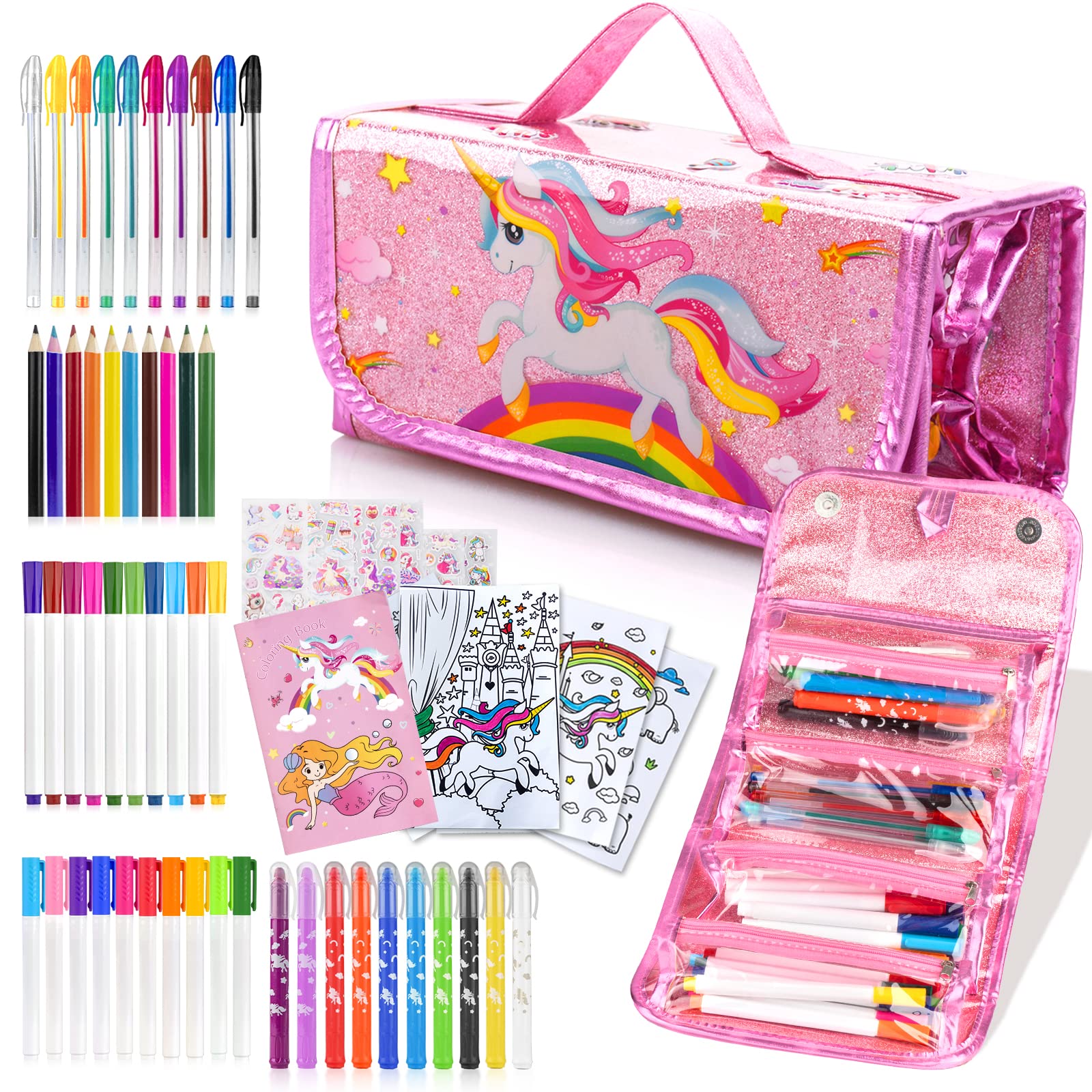 ARANEE Fruit Scented Markers Set for Kids Art Unicorn Pencil Case 60pcs Scented Markers, Crayons, Glitter Gel Pen, Colored Pens, School Supplies Drawing Painting Sets Gifts for Age 3-10 Girls