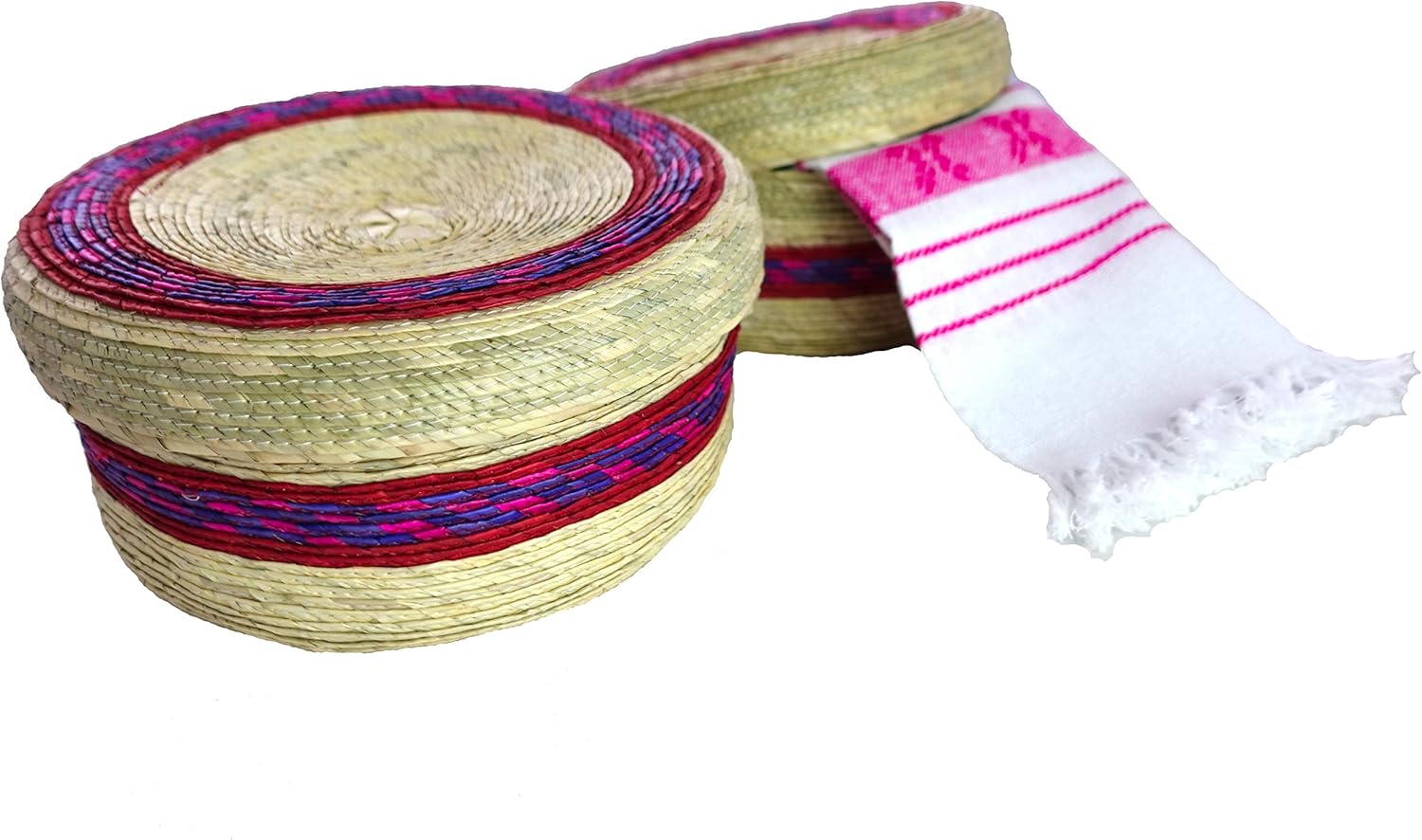 2 pack Mexican handmade palm baskets with lid and 1 woven napkin cloth (servilleta mexicana) 100% cotton Eco Friendly tortilla warmer (tortillero) for party fiesta decoration (Imperial)