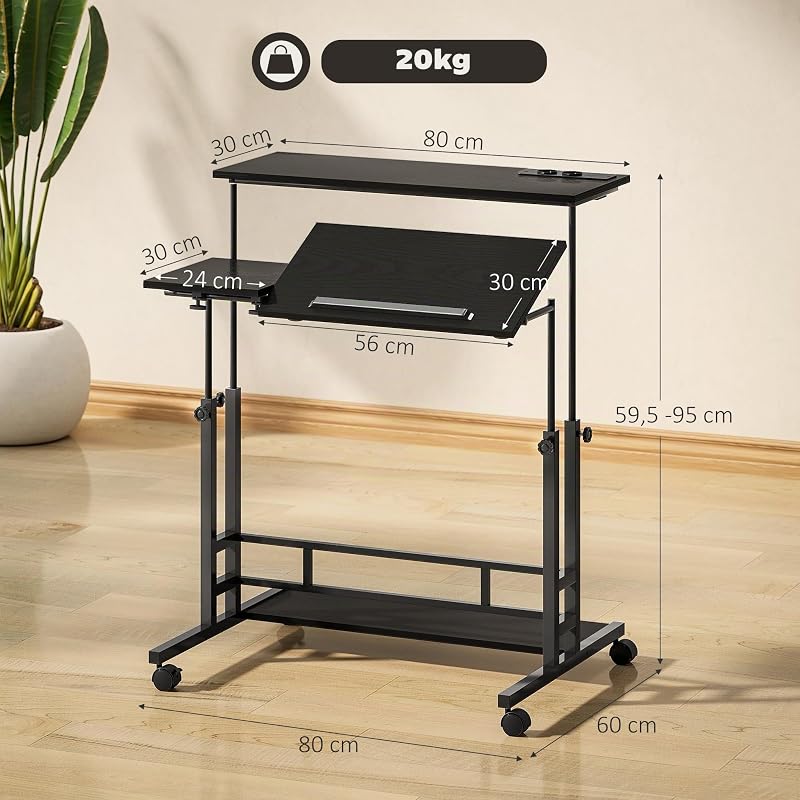 Escritorio Elevable con Ruedas, Puertos USB, 80x60 cm, Negro