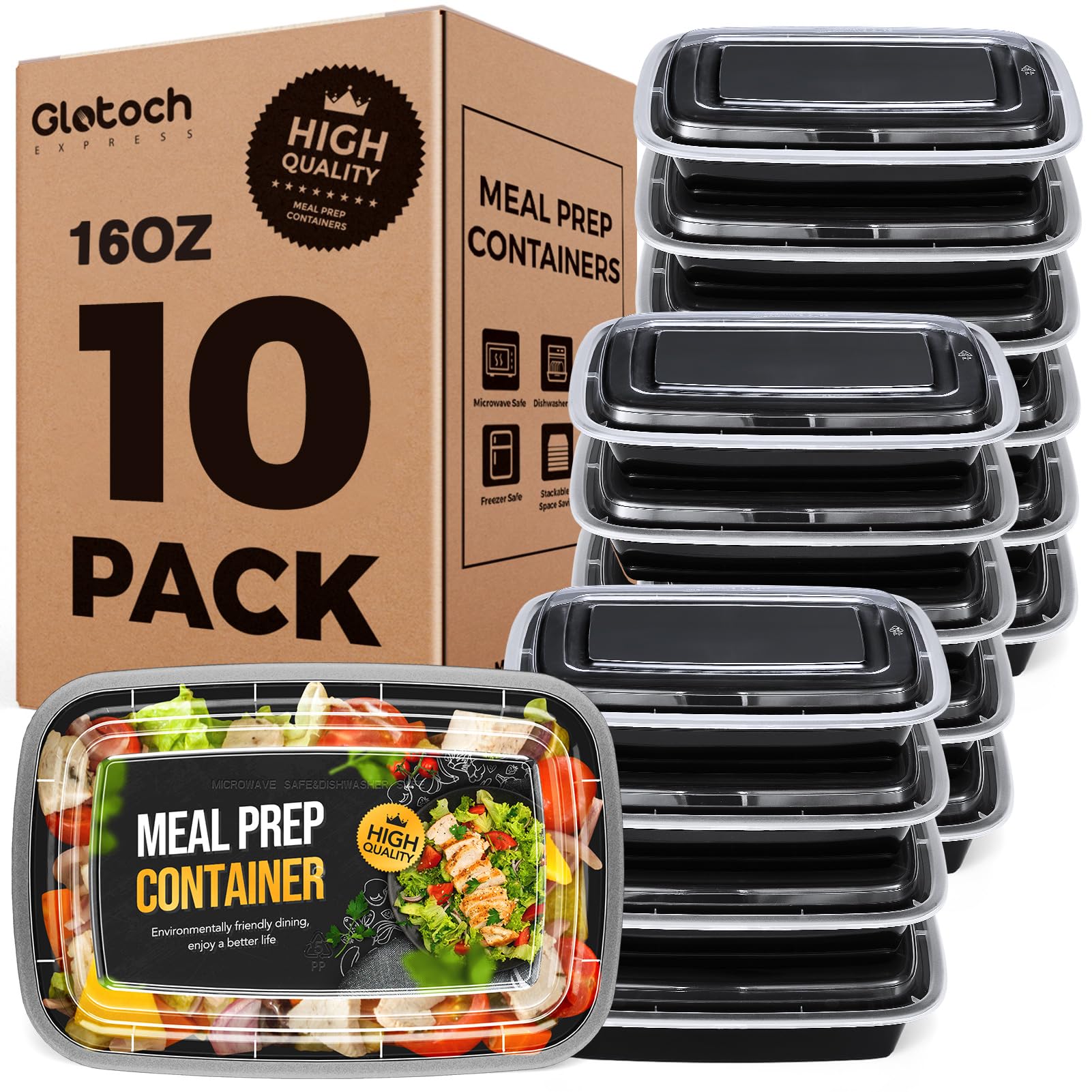 Photo 1 of  (10-Pack) 16 OZ Meal Prep Containers Reusable with Lids, Sturdy Leakproof & Food Safe, Microwave, Freezer, Dishwasher Safe To Go Food Containers, Plastic Take Out Containers, Black