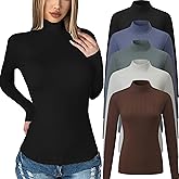 Chongbaijia 5 Pack Womens Long Sleeve Tops Mock Turtleneck Basic T Shirt Fall Stretch Tight Fitted Thermal Shirts