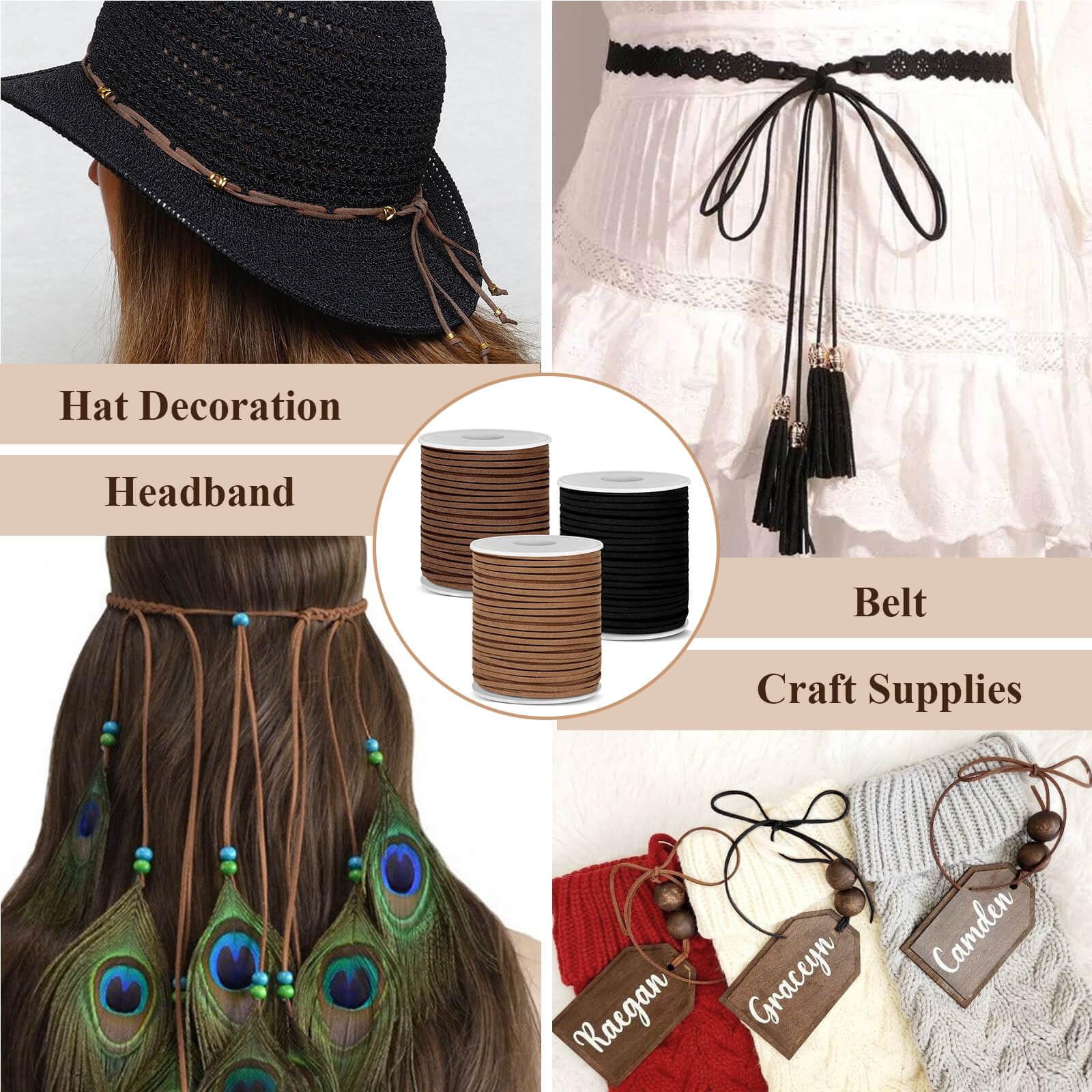 Anezus 3 Rolls Flat Leather String Cord, Suede Ribbon for Jewelry Making, Leather Twine for Crafts, Thin Leather Shoe Laces for Boots, Faux Leather Strips for Bracelets, Necklaces