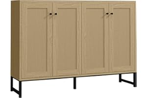 Panana Sideboard Accent Storage Cabinet with Rattan Decorated 4 Doors Dining Room Freestanding Kitchen Buffet Table Cupboard (Natural)