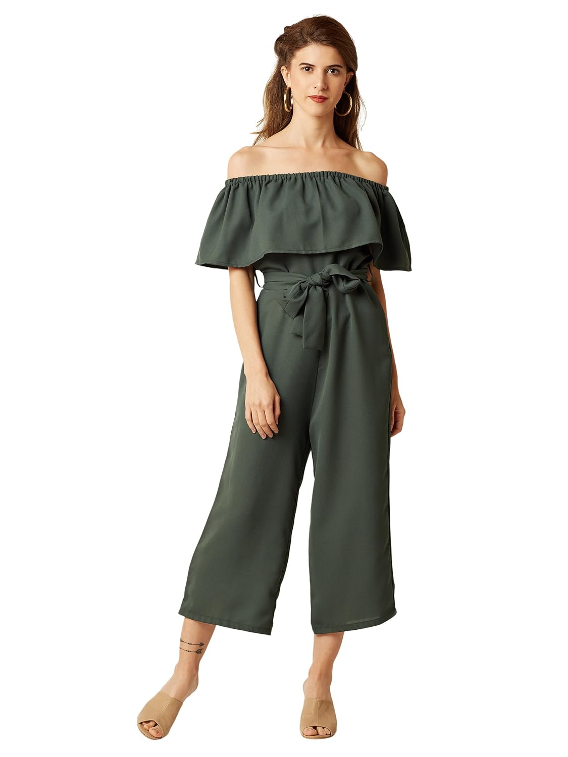 miss chase women's green off-shoulder tie-up midi jumpsuit