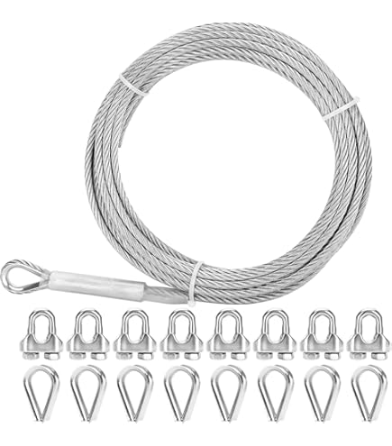 100FT 1/4 Inch Stainless Steel Cable - 6400lb Strength Aircraft Wire Rope With Clamps & Thimbles