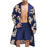SWOMOG Men's Satin Robe with Shorts Set Silky Kimono Bathrobe Lightweight Soft Sleepwear