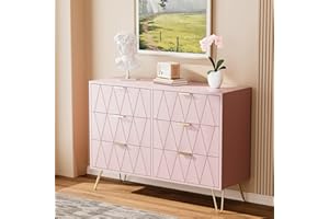 Anbuy Pink 6 Drawer Dresser for Bedroom, Double Dresser with Wide Drawers and Gold Handles, Chest of Drawers