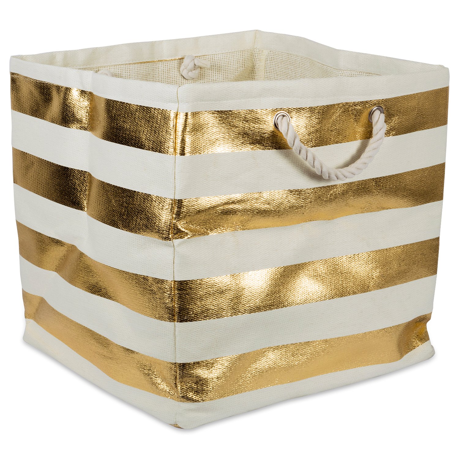 DII Durable Woven Striped Storage Bin Collapsible with Soft Rope Handles Reinforced with Metal Grommets, Large Cube, 16x16x16", Gold