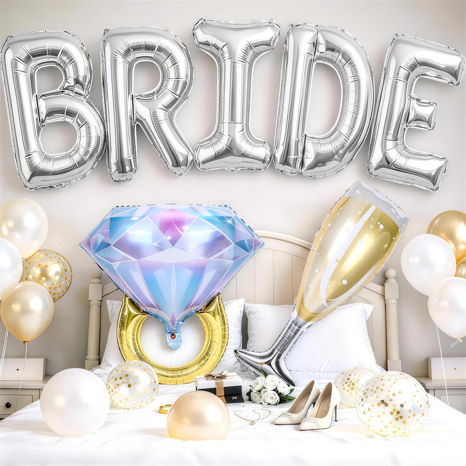 40inch Silver Bride Balloons with Engagement Diamond Ring Balloon Champagne Wine Glass Foil Balloon for Bride to Be Bridal Shower Engagement Bachelorette Wedding Just Married Engaged Party Decorations