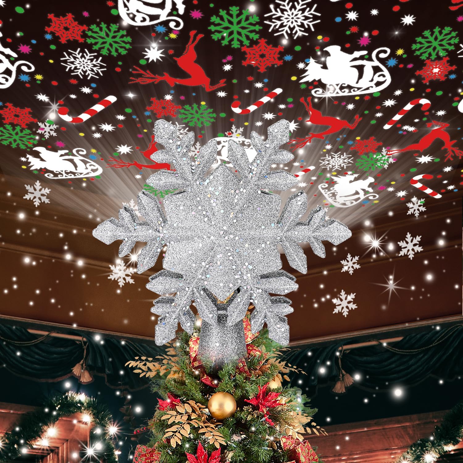 Tree Toppers - Christmas Tree Topper Lighted with 6 Projected Patterns, Snowflake Christmas Star Tree Topper Built-in LED Rotating Lights, 3D Glitter Projector for Xmas Party Holiday Indoor Decorations
