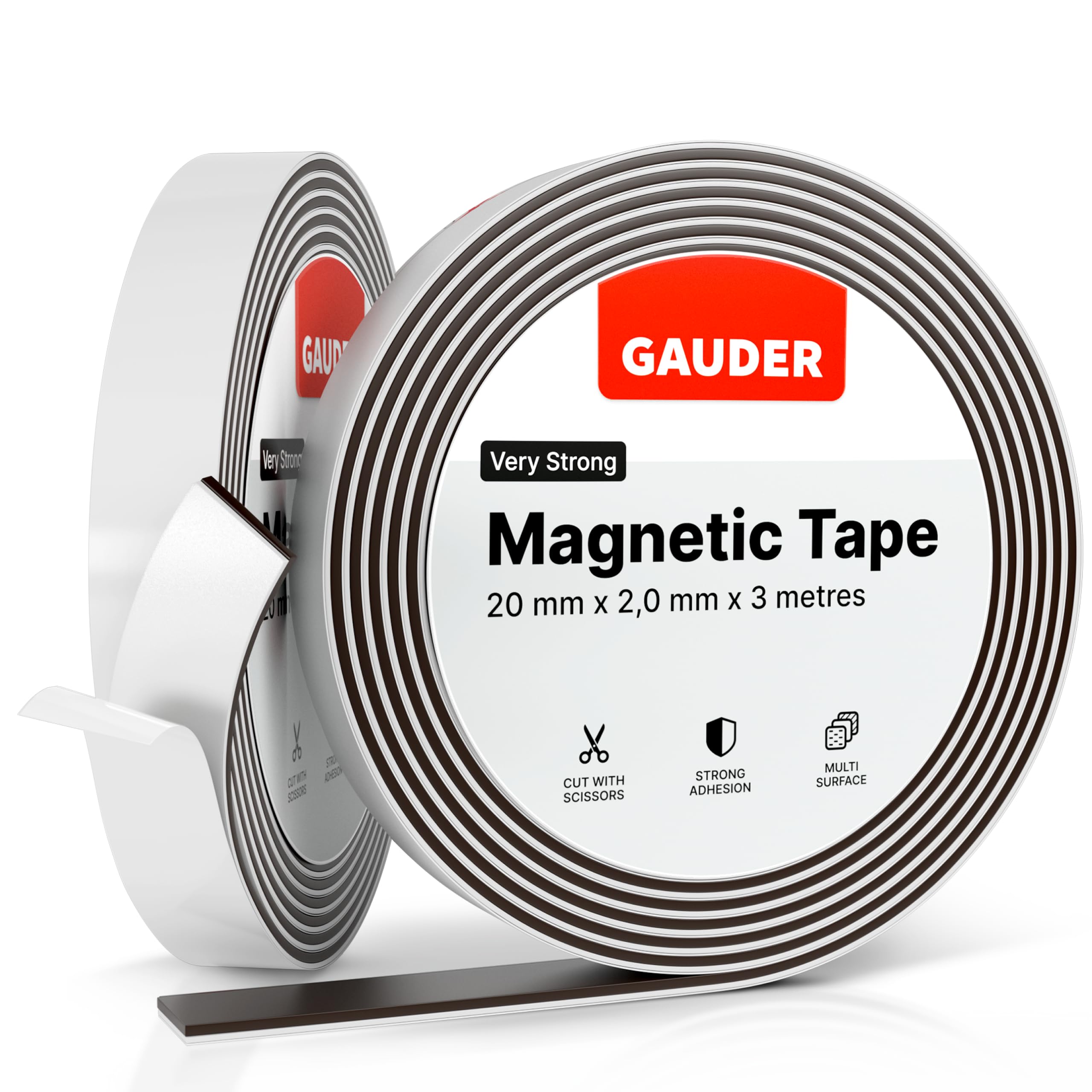 GAUDER Self-Adhesive Magnetic Tape Strong - Foam Adhesive Magnetic Strips for Uneven Surfaces - High Strength Magnet Roll with Enhanced Adhesion and Optimized Force (3 m x 20 mm)