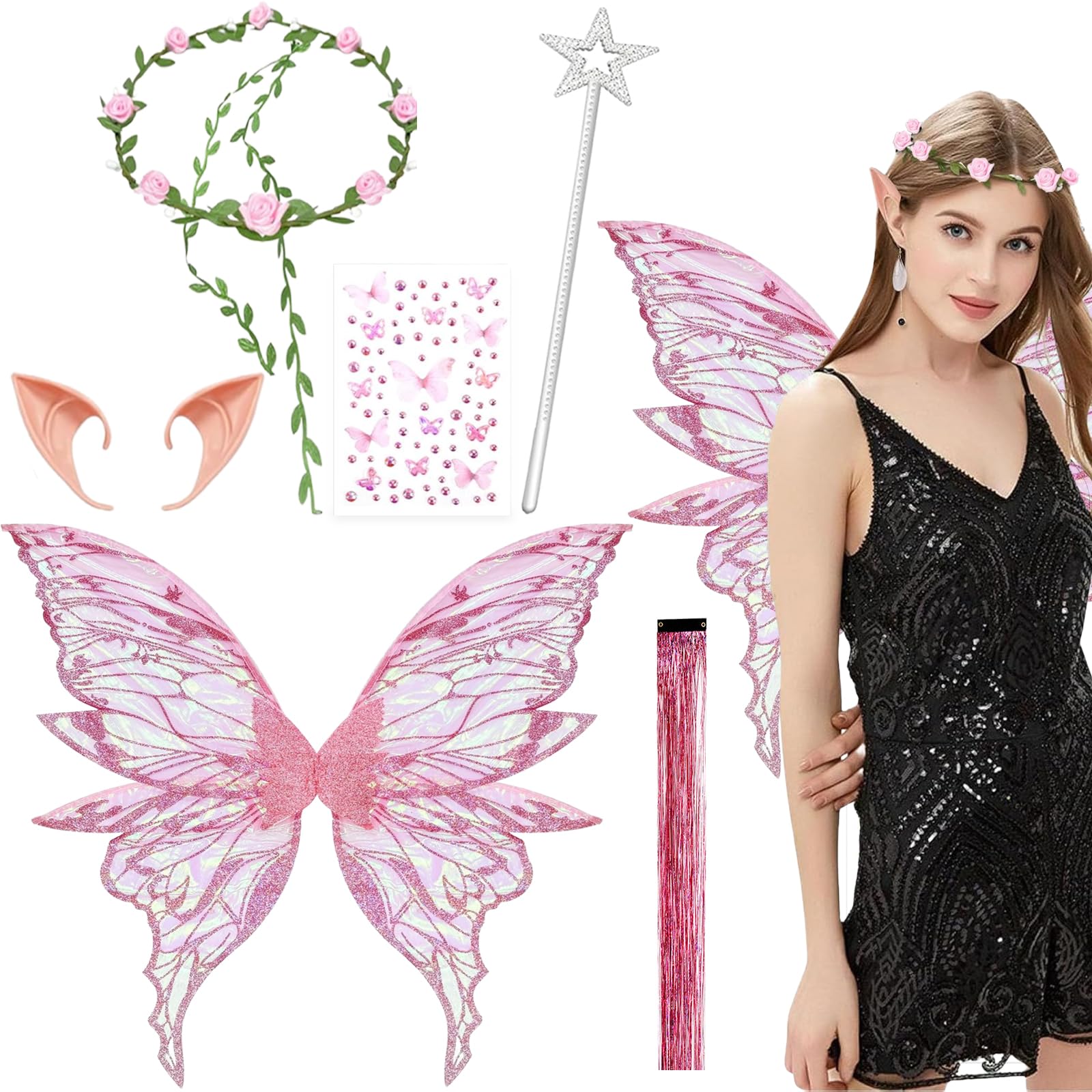 Fairy Wings, Butterfly Wings Adults, 6 PCS Pink Angel Costume Accessories, Sparkling Sheer Wings with Flower Headband, Angel Princess Fancy Dress Up Costumes for Halloween Party Cosplay (Pink)