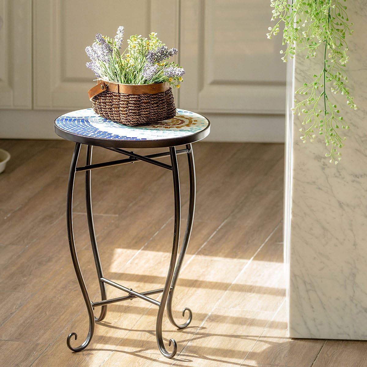 Giantex Mosaic Round Side Accent Table Patio Plant Stand Porch Beach Theme Balcony Back Deck Pool Decor Metal Cobalt Glass Top Indoor Outdoor Coffee End Table(Navy): Garden & Outdoor