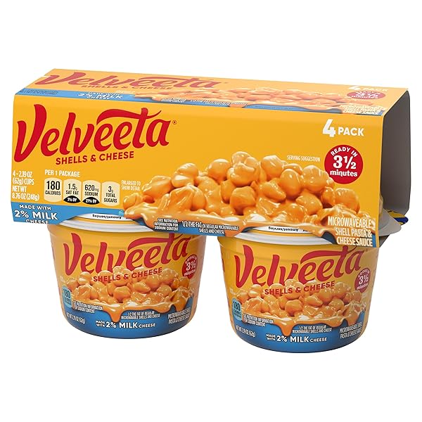 VELVEETA SHELLS & CHEESE MICROWAVEABLE SHELL PASTA WITH 2% MILK CHEESE, 4 CT PACK, 2.19 OZ CUPS