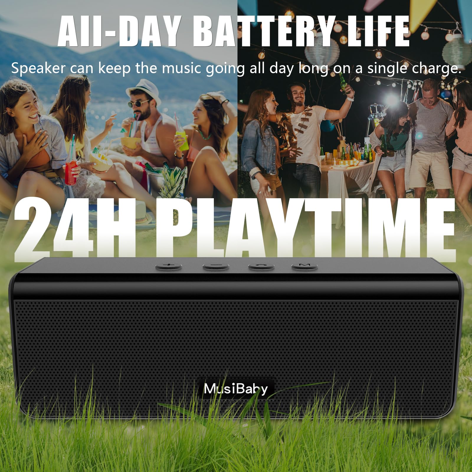 Bluetooth Speaker, MusiBaby M71 Speaker, IPX5 Stereo Sound Waterproof Portable Speakers, Dual Pairing, 24HRs Playtime for Indoor/Outdoor - Black