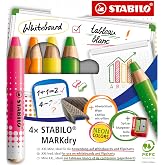 STABILO MARKdry Dry Erase Whiteboard Marker Pen Set of 4 with Sharpener and Cleaning Cloth, Teaching Supplies, Available in Four Neon Colours