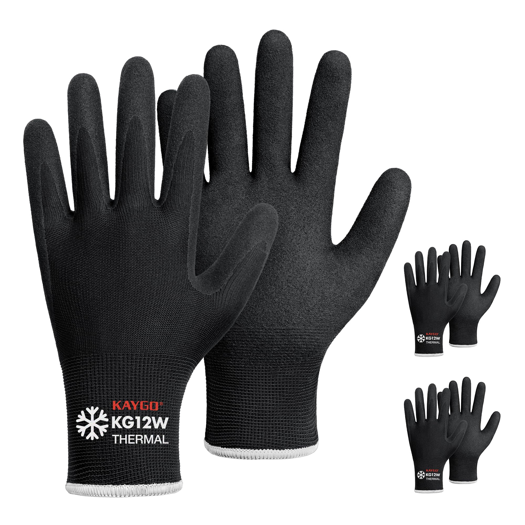 KAYGO Work Gloves Nitrile Coated Thermal Fleece Liner-3 Pairs, Grip and Dexterity, Winter Working Gloves for Men Women, for Cold Weather Construction Freezer Warehouse Automotive, KG12W (Black, XL)